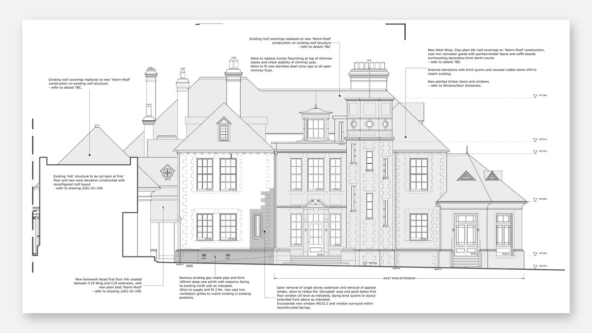 Architectural elevation — manor house renovation and new build, Oxfordshire