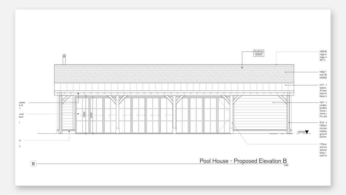 Architectural elevation — new pool house, private estate